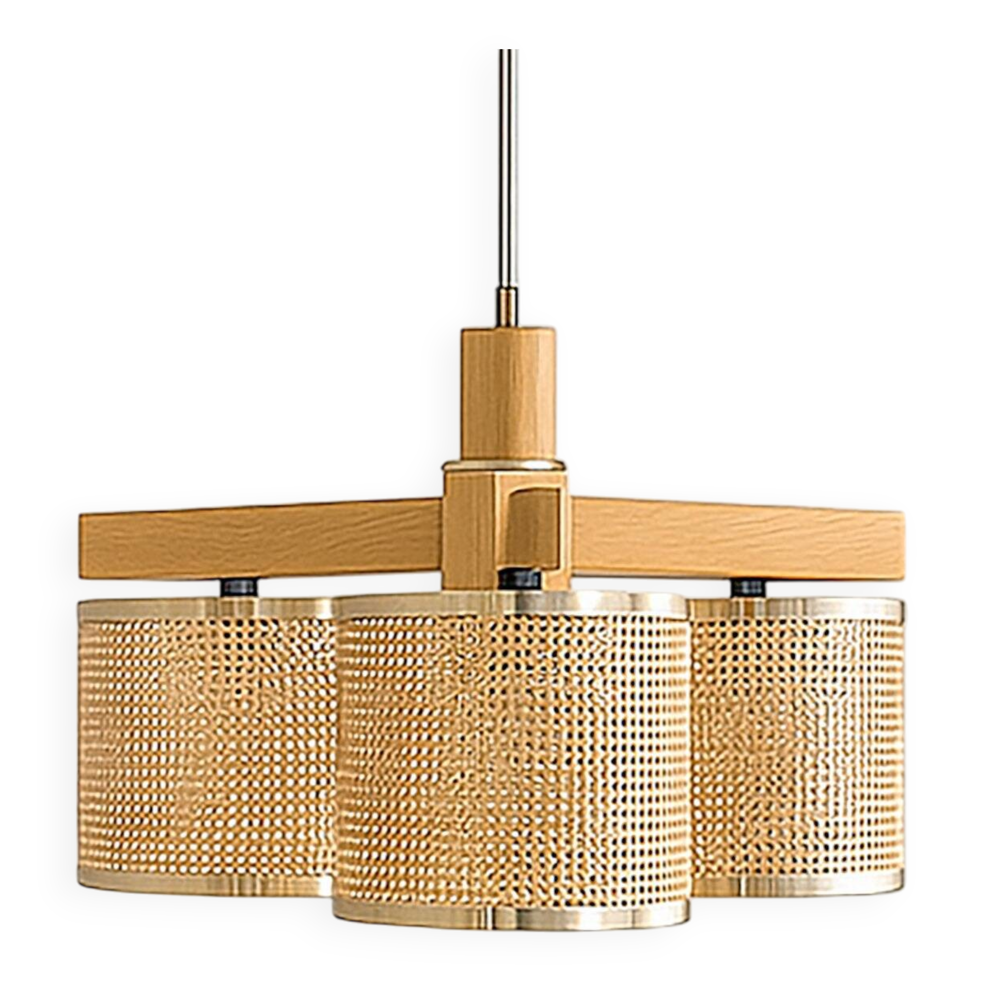 Plafonnier vintage en rotin et laiton, années 1980, Italie.