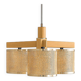 Vintage cane and brass ceiling lamp, 1980s, Italy.