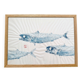 Gyotaku of a school of mackerel, framed