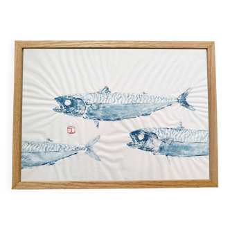 Gyotaku of a school of mackerel, framed