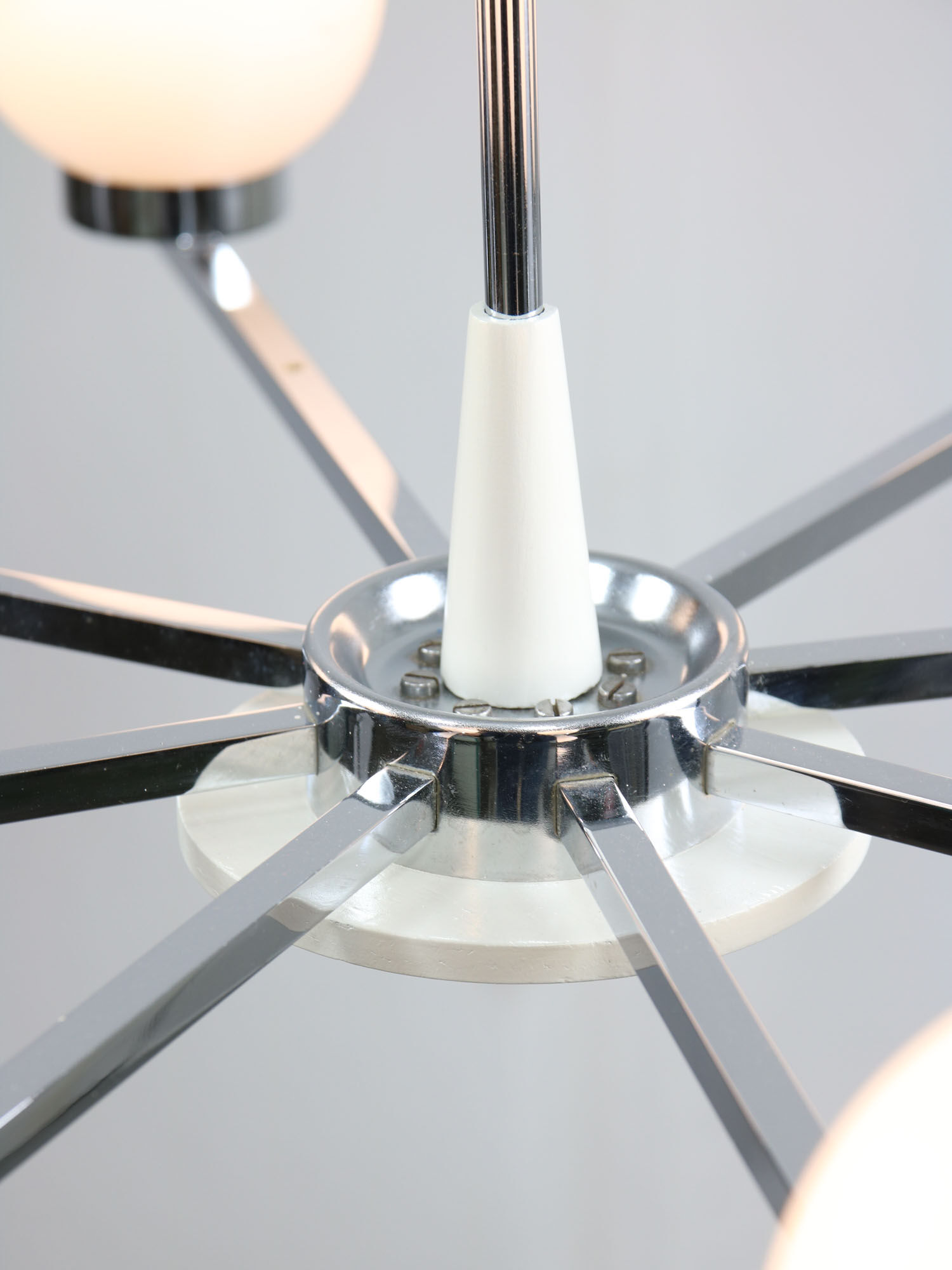 Vintage minimal chrome & opaline 8-arm chandelier, 70s