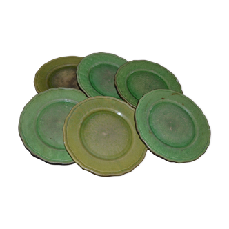 Series of 6 plates in earthenware with green glaze, Provence, France, end of the XIX th century
