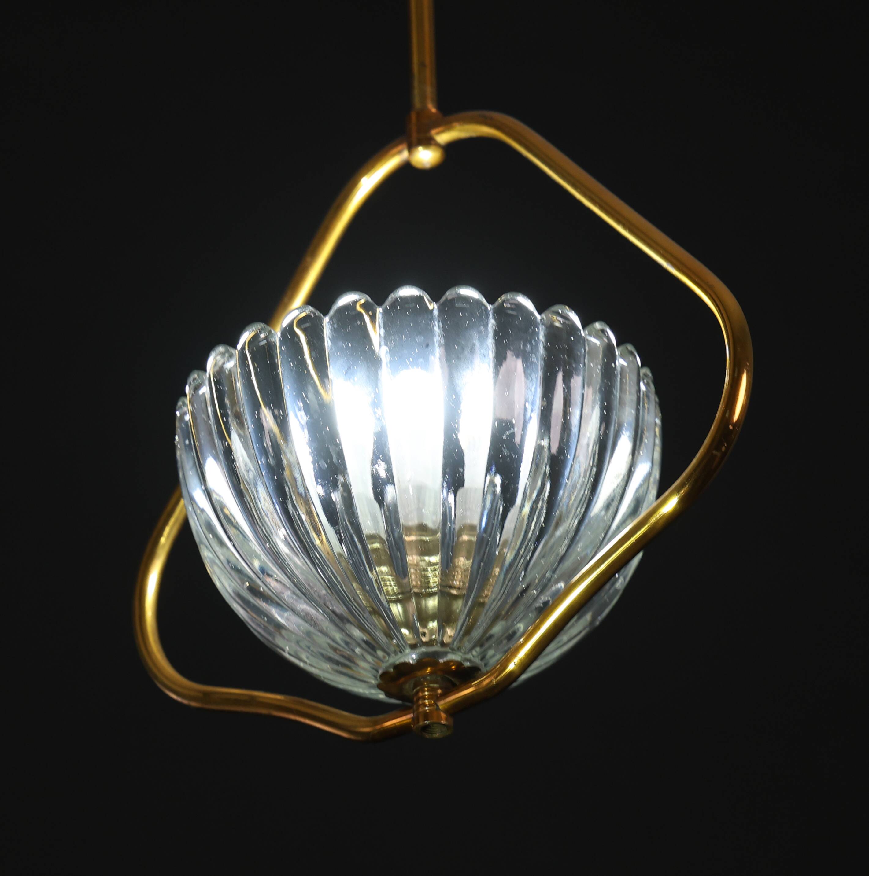 Art Decò Barovier e Toso Murano Glass and Brass Pendant Light, 1950