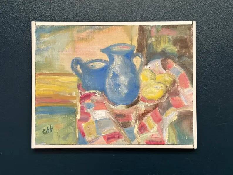 Original Swedish Oil on Panel – “Blue Pitchers and Lemon” by Off – Signed – Vintage and Framed – 37 × 29 cm (14.6 in × 11.4 in)