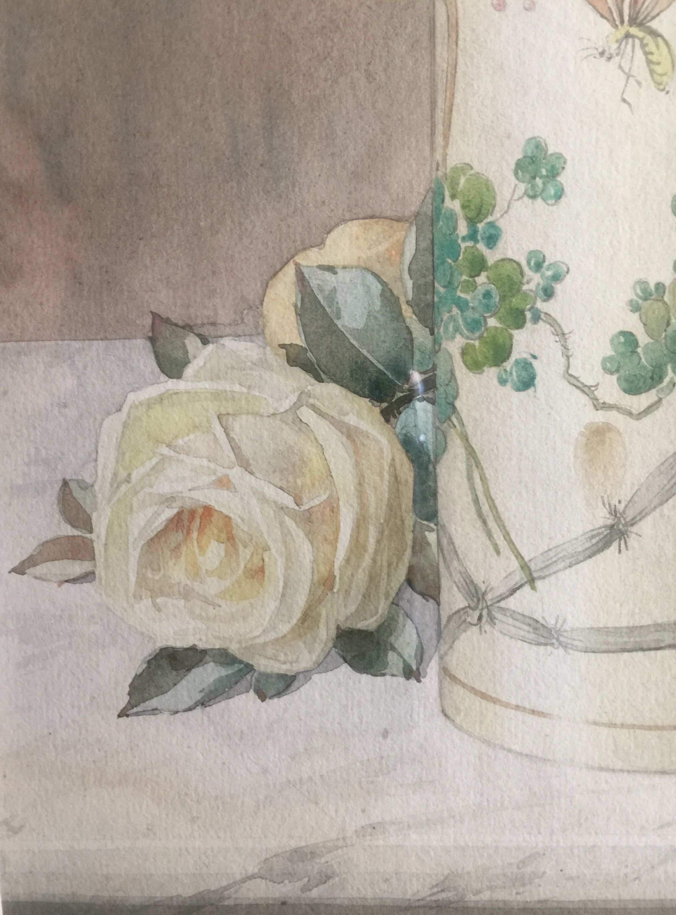 Ernest FOUSSIER 1901 "White roses in a Japanese vase"watercolor signed