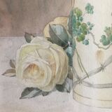 Aquarelle  "roses blanches dans un vase japonisant" signée ernest foussier 1901