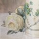 Ernest FOUSSIER 1901 "White roses in a Japanese vase"watercolor signed