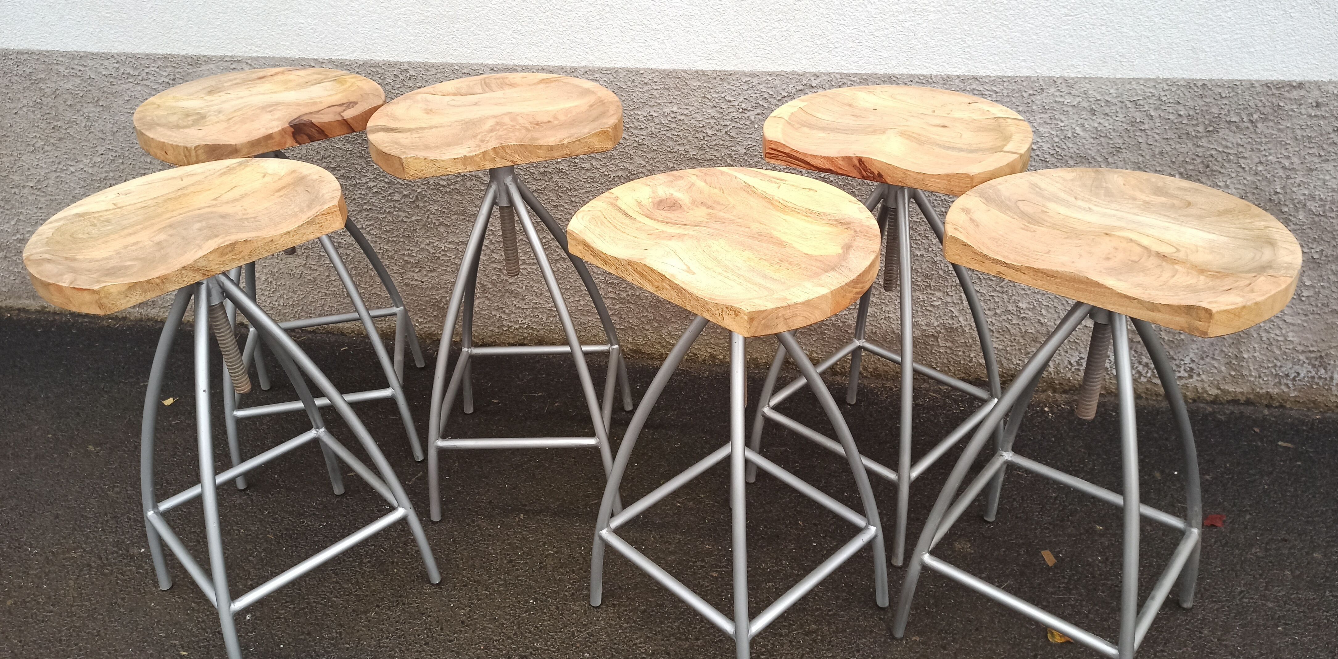 Set of 6 wooden stools with adjustable metal legs