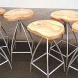 Set of 6 wooden stools with adjustable metal legs