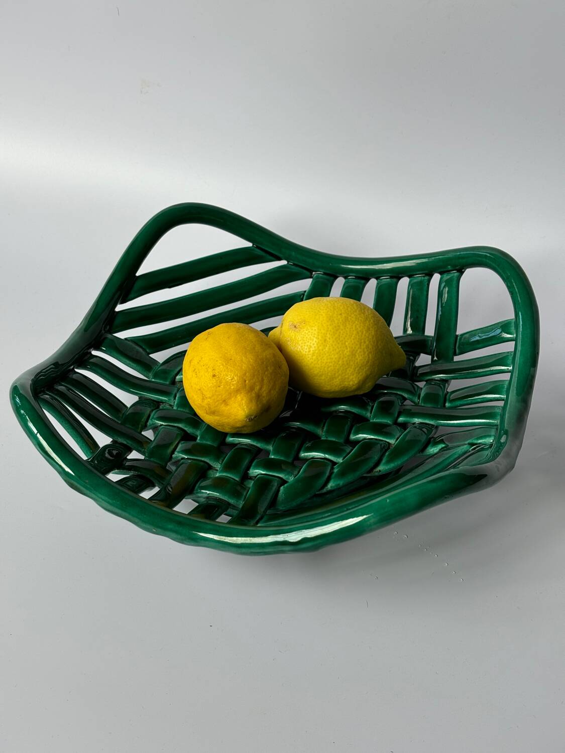 Green woven ceramic basket bowl