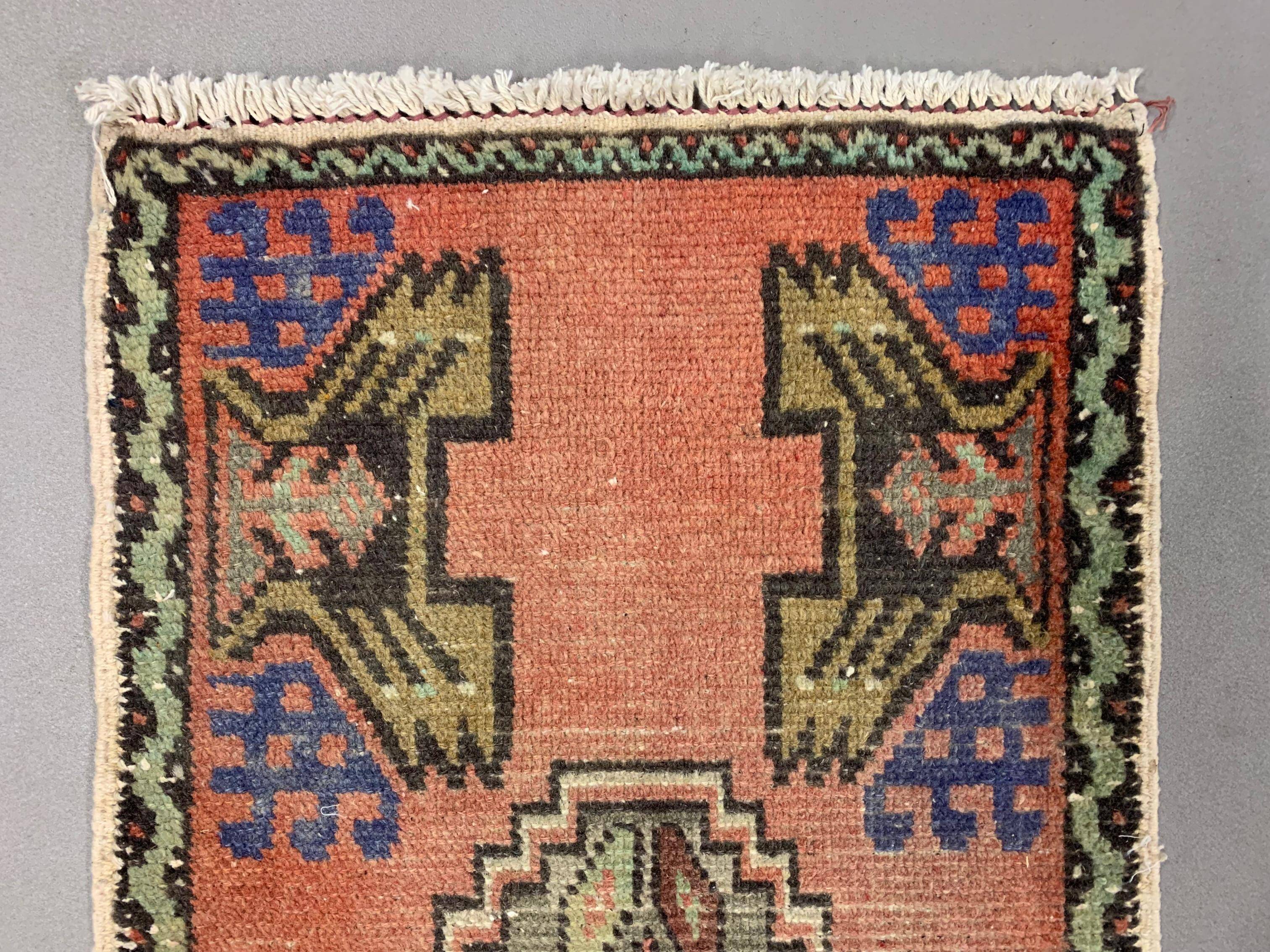 Small Vintage Turkish Rug 102x48 cm, Short Runner, Tribal, Shabby, Mini Carpet