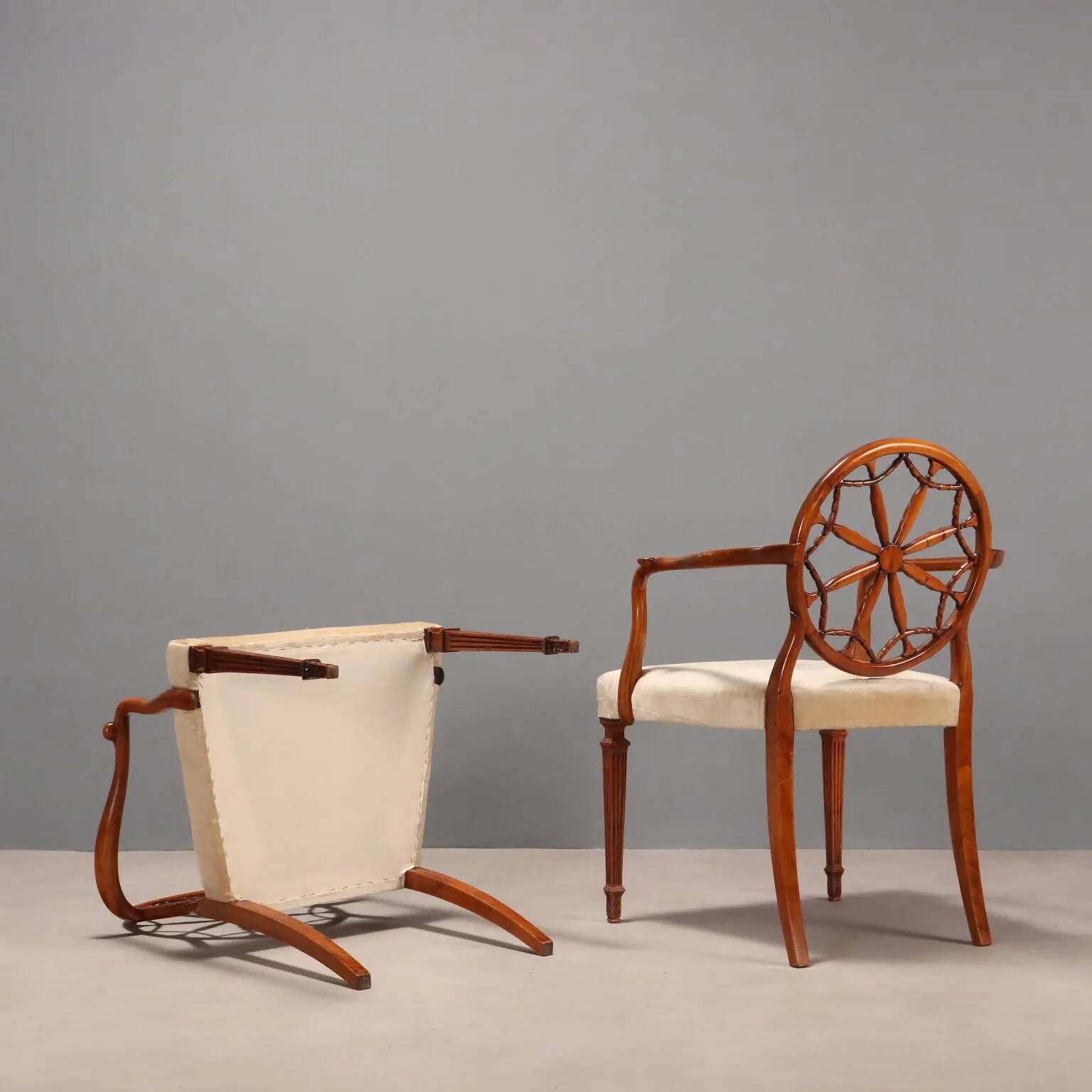 Antique cherry wood and fabric armchairs, United Kingdom, 20th century