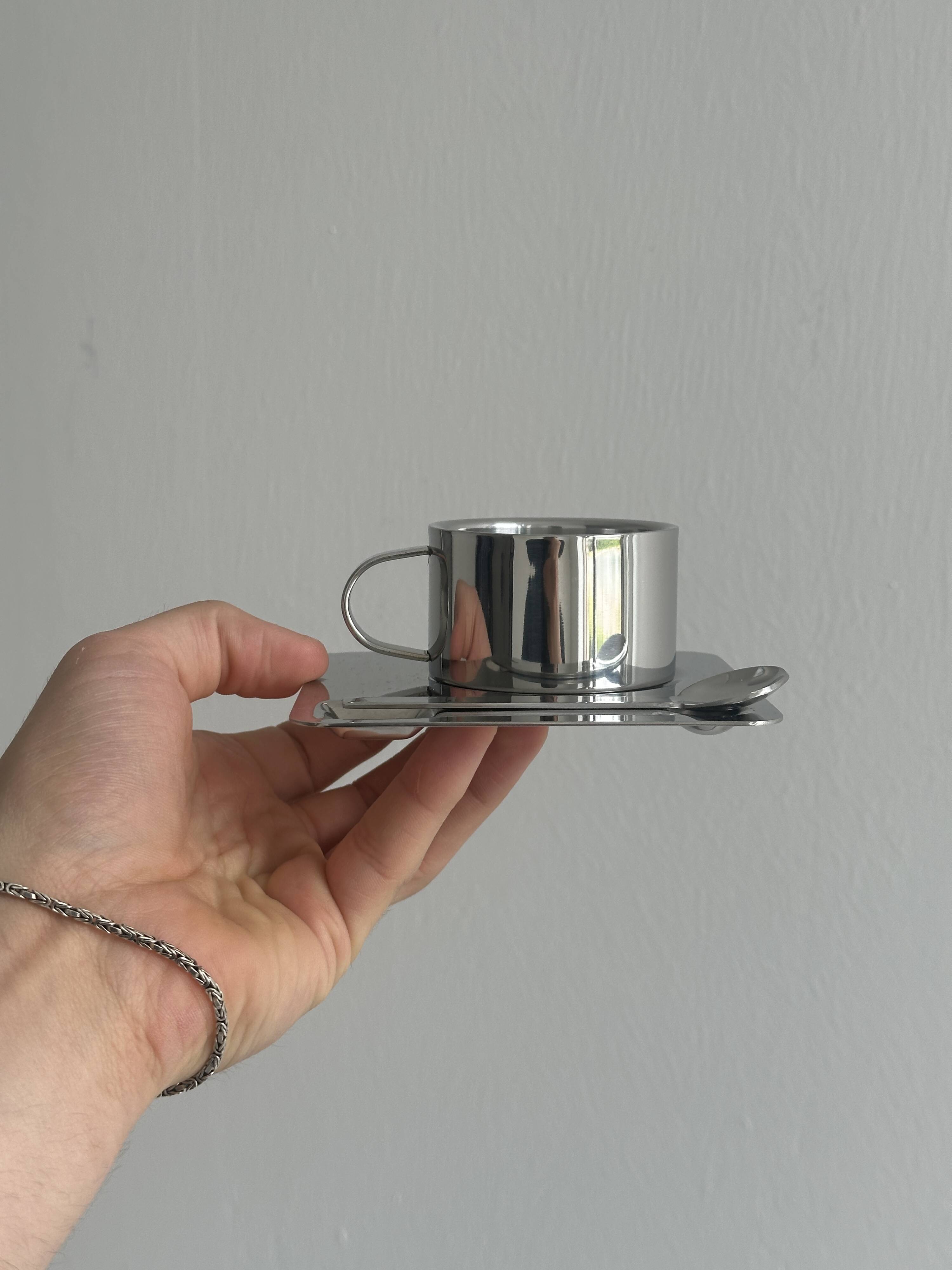2 stainless steel espresso cups with tray and spoon
