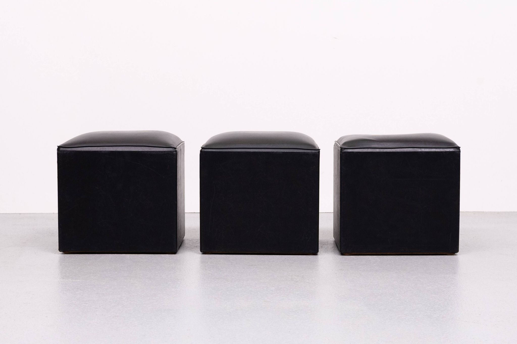 set of 3 Black Faux Leather cube Ottomans 1960s Holland