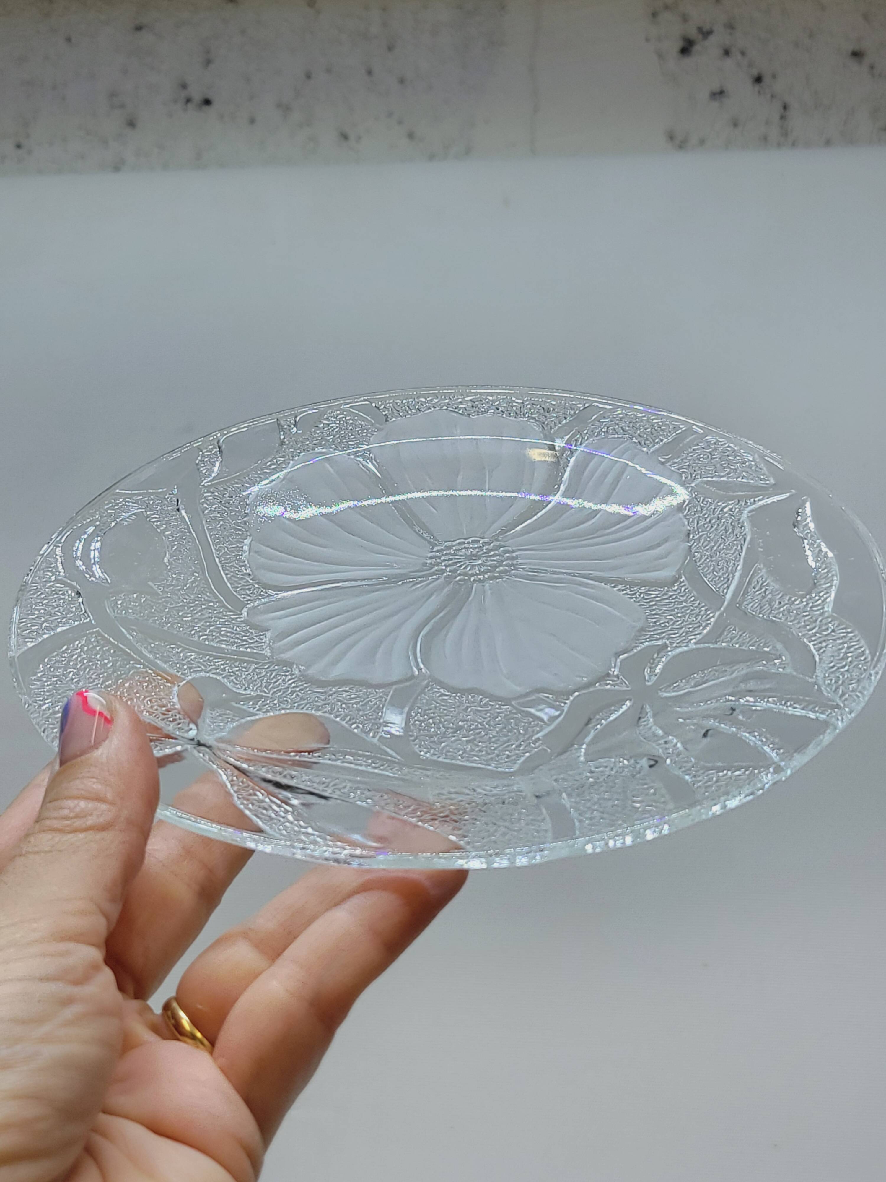 5 Small Transparent Frosted Glass Plates Vintage Floral Decor Kig Indo