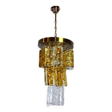 Lustre bicolore cascade par zero quattro, verre de murano orange et transparent , italie, 1970