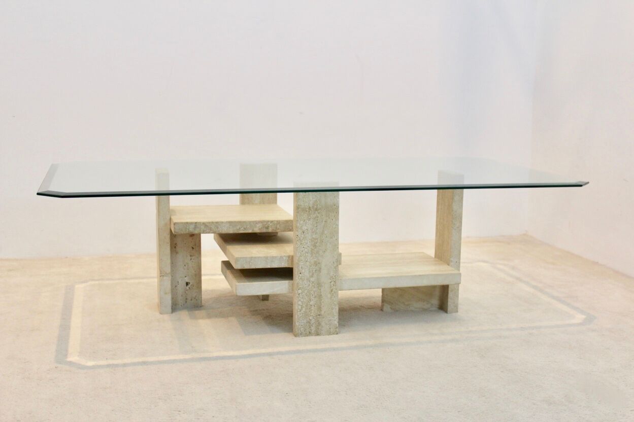 Willy Ballez travertine and cubist glass sculptural coffee table