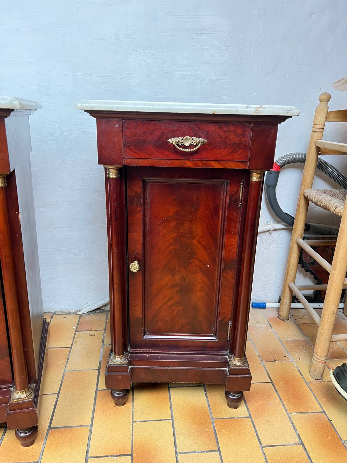 Pair of Napoleon III bedside tables in mahogany and marble