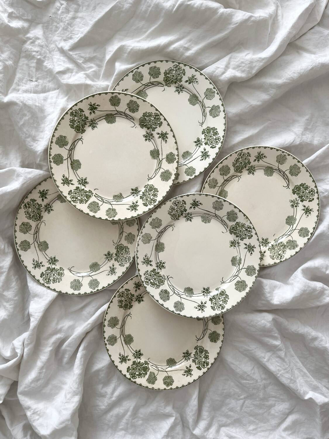 6 antique flat plates made of ironstone "Géranium" Sarreguemines