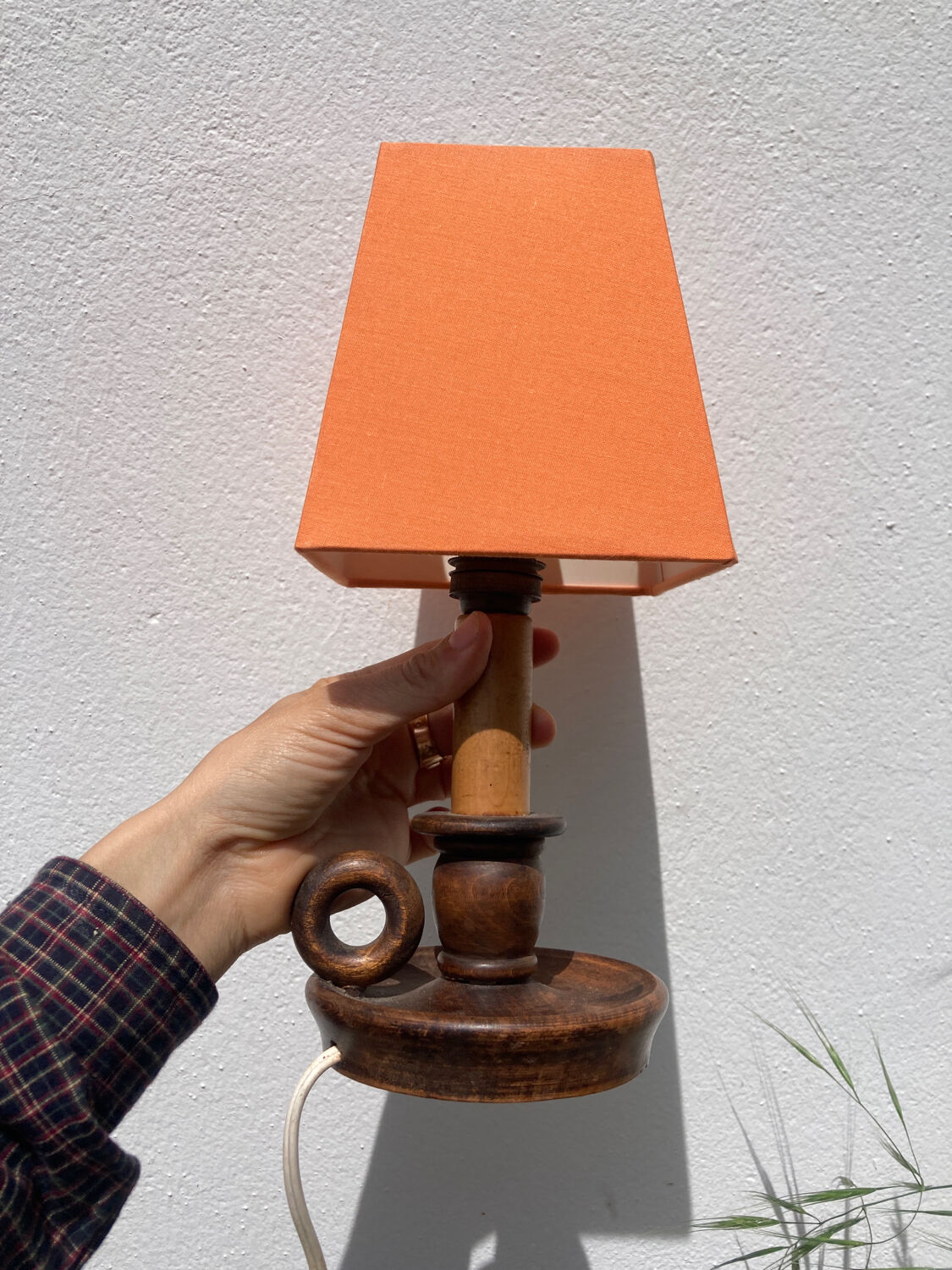 Wooden table lamp and vintage orange lampshade candle holder style
