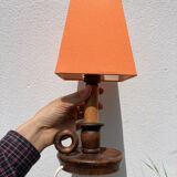 Wooden table lamp and vintage orange lampshade candle holder style