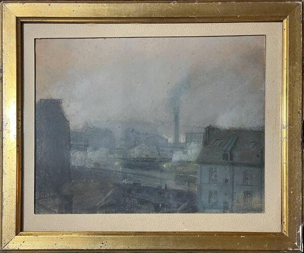 Tableau Pastel sec vers 1900 Post impressionniste Gare et train signé