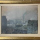 Pastel on paper circa 1900 Post-Impressionist Train Station and Train signed