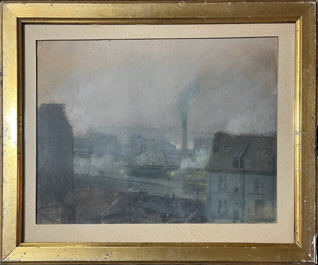 Pastel on paper circa 1900 Post-Impressionist Train Station and Train signed