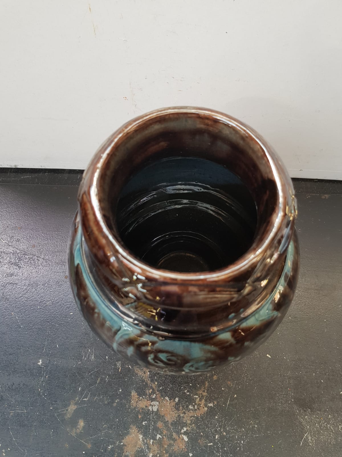 Old Vintage Glossy Varnished Brown & Blue Ceramic Vase