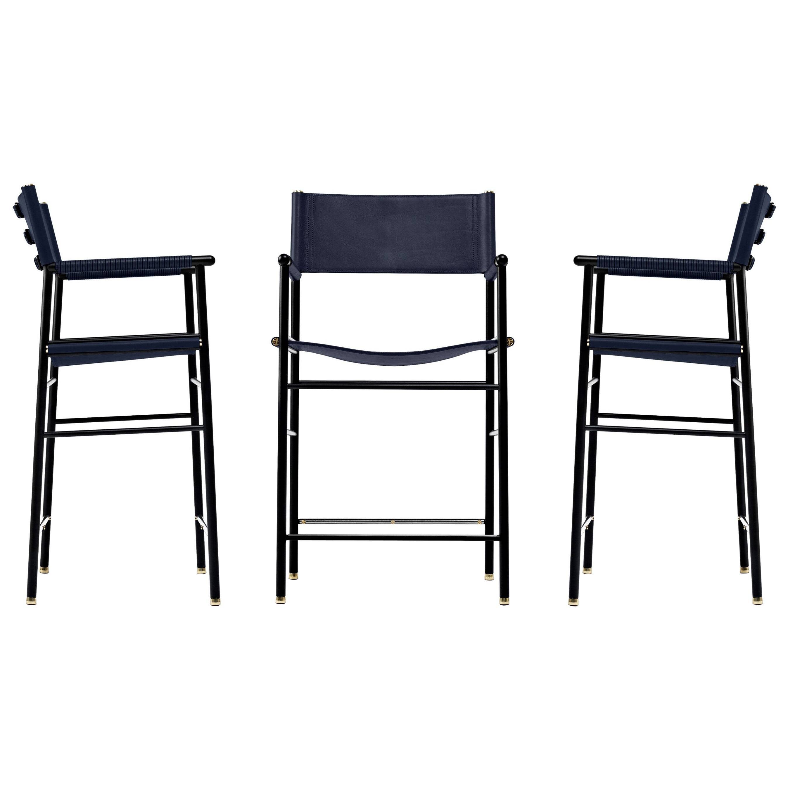Set of 3 Counter Stools with Navy Blue Leather Backrest and Black Metallic Rubber
