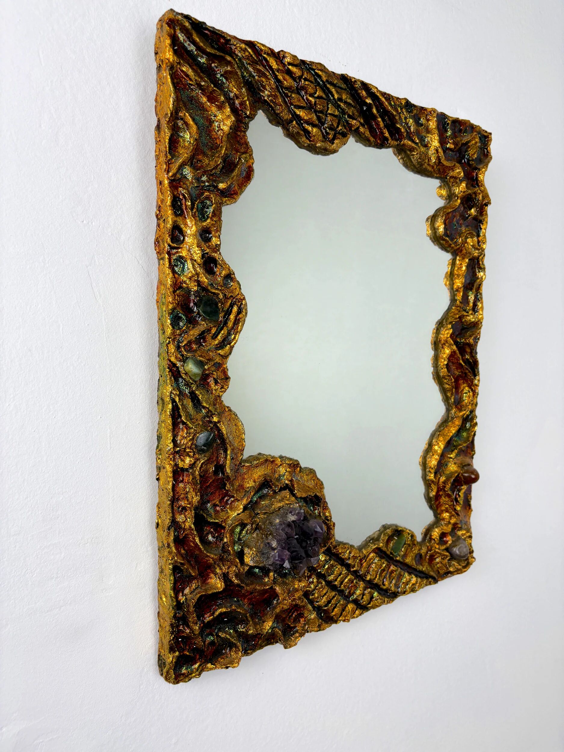 Italian brutalist resin and stones mirror, 1970s