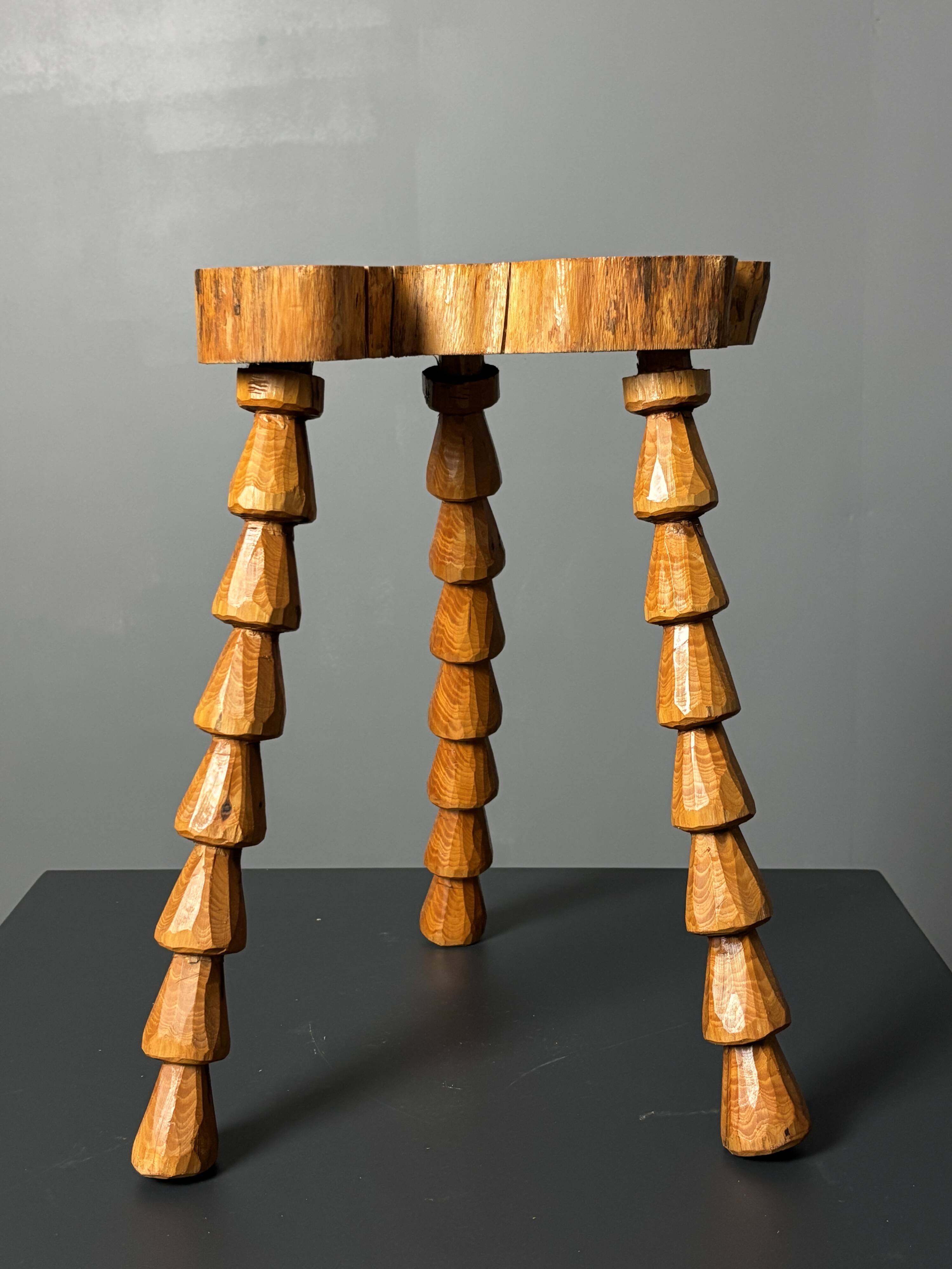 Midcentury brutalist artisanal wood turned handmade tripod stool, ca 1960s
