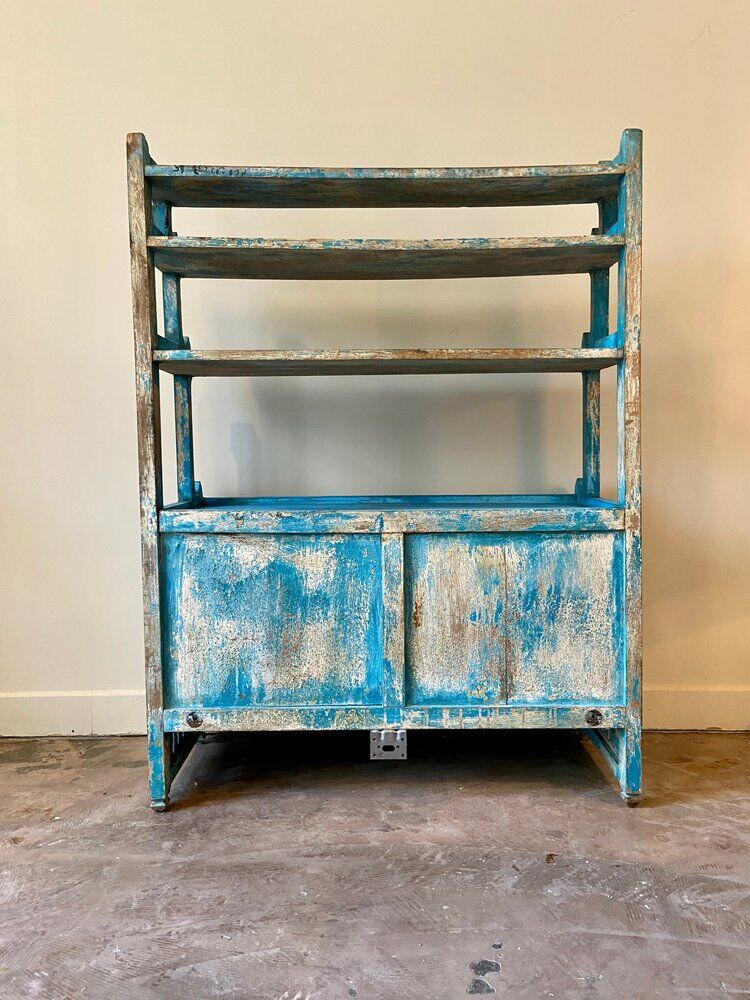 Sideboard 4 shelves and 2 glass doors in blue wood