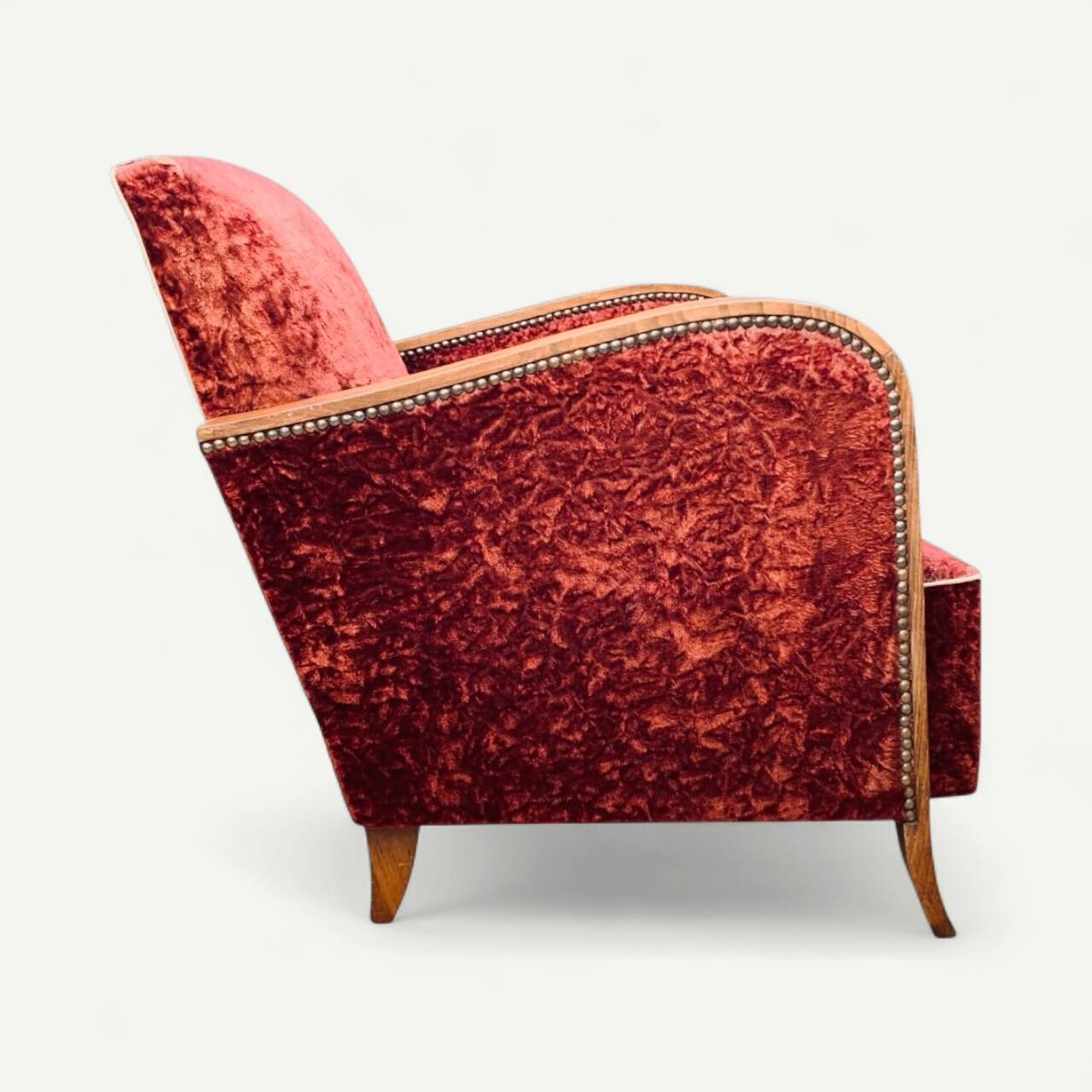 Pair of Art Deco club armchairs in burgundy red velvet, 1930s