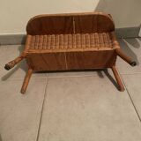 Vintage rattan magazine rack with side shelf - Bohemian style