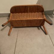Vintage rattan magazine rack with side shelf - Bohemian style