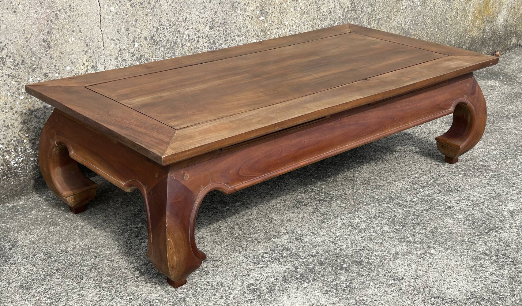 Large solid teak opium coffee table, elephant legs