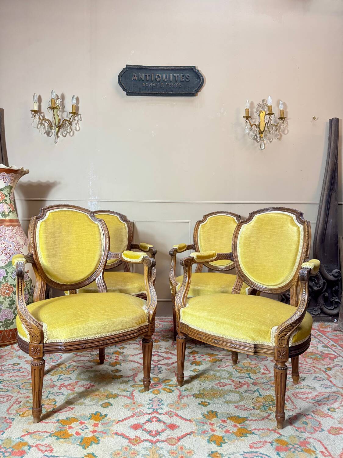Set of four natural wood armchairs in louis xvi style 19th century