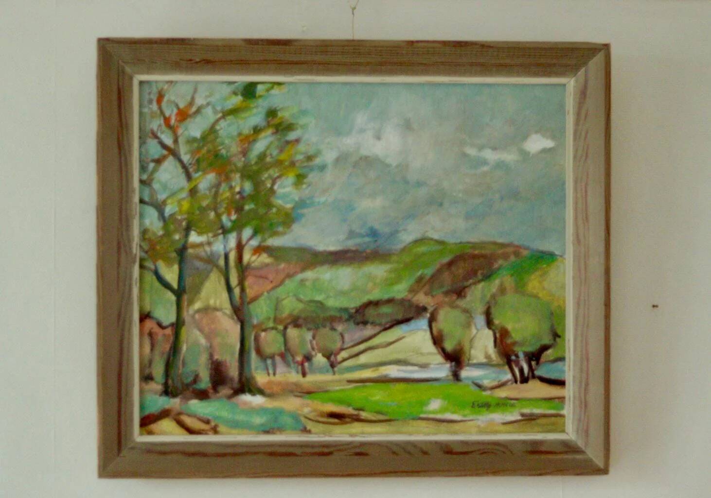 Huile sur panneau suédoise originale du milieu du siècle « Paysage avec arbres »