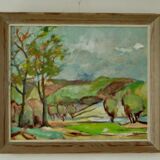 Huile sur panneau suédoise originale du milieu du siècle « Paysage avec arbres »