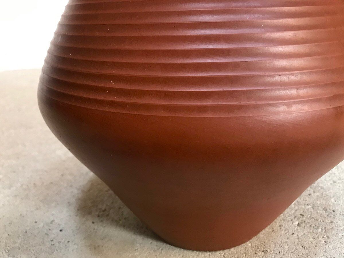 Studio pottery jug floor vase in terracotta and bamboo handle Germany 1950s