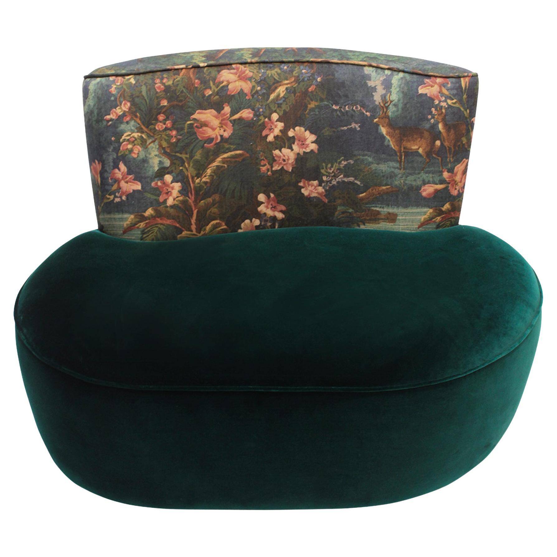 Modern Mid-Century Style Green and Forest Motif Linen and Velvet Armchair France