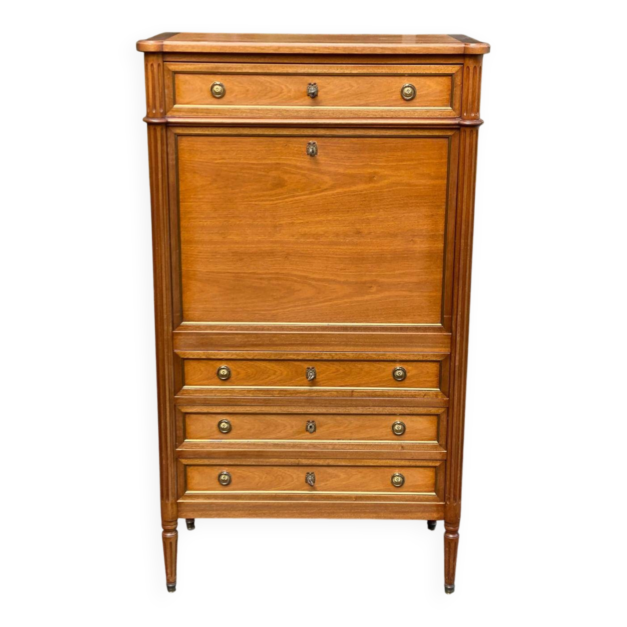 Secretary with drop-leaf in Louis XVI style, made of solid wood and brass, desk/commode.