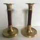 Pair of Scandinavian brass and teak candle holders