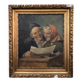 Huile sur toile Salvatore Maresca Vieux couple à la lecture