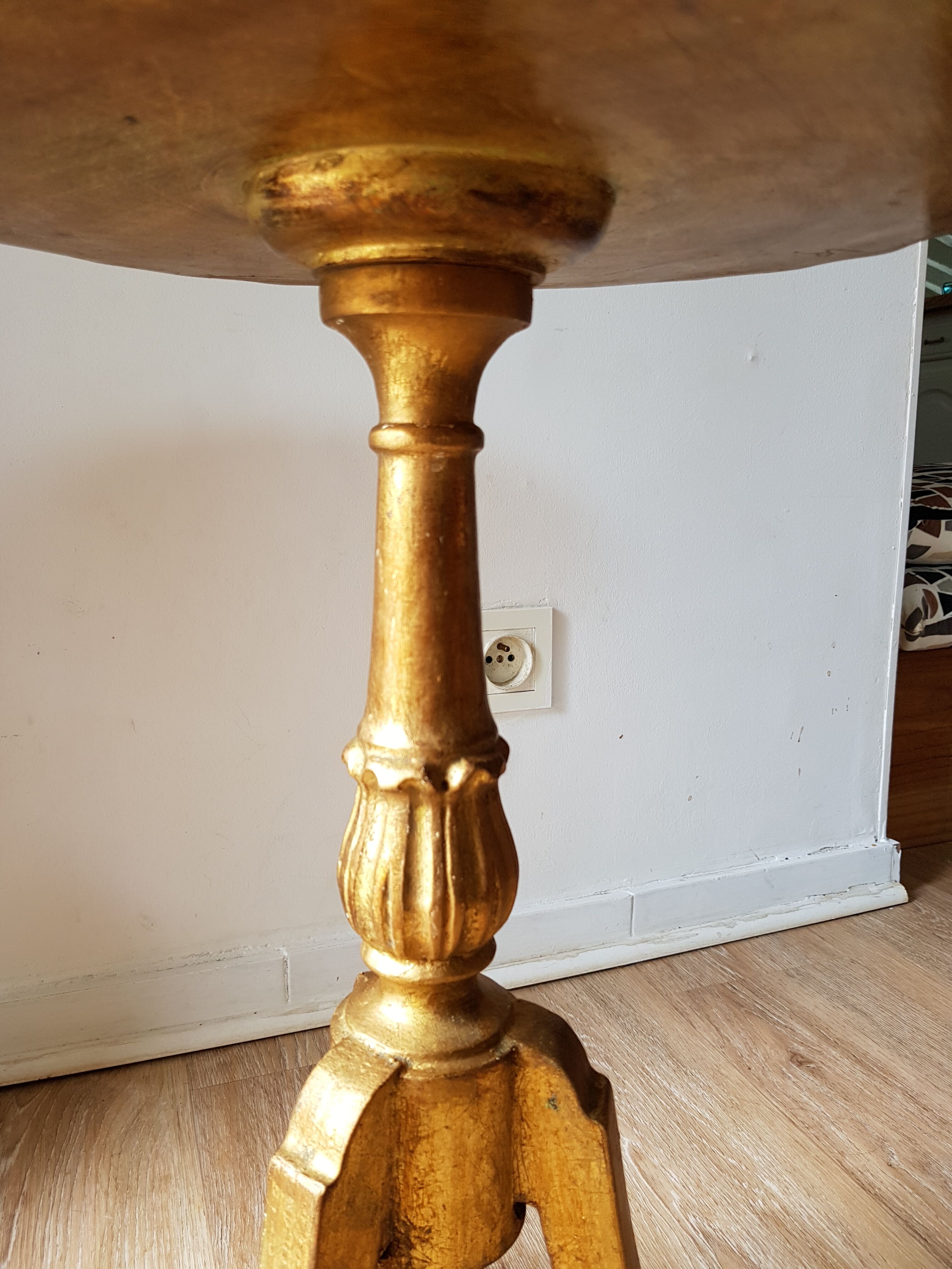 Golden wood tripod pedestal table
