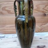 Ceramic vase with dripping in the style of jerome massier or belgian work with bronze handles