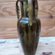 Ceramic vase with dripping in the style of jerome massier or belgian work with bronze handles