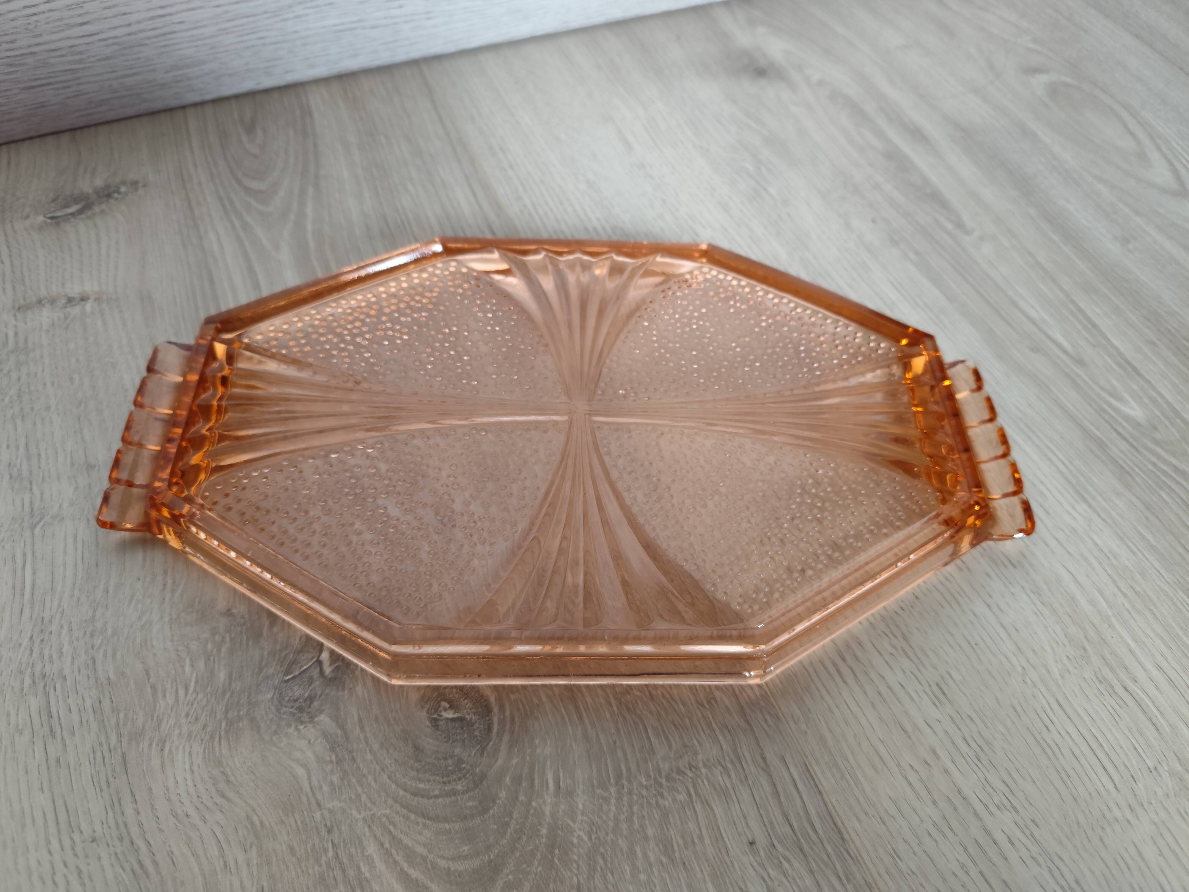Plateau octogonal Art Deco en verre rose antique
