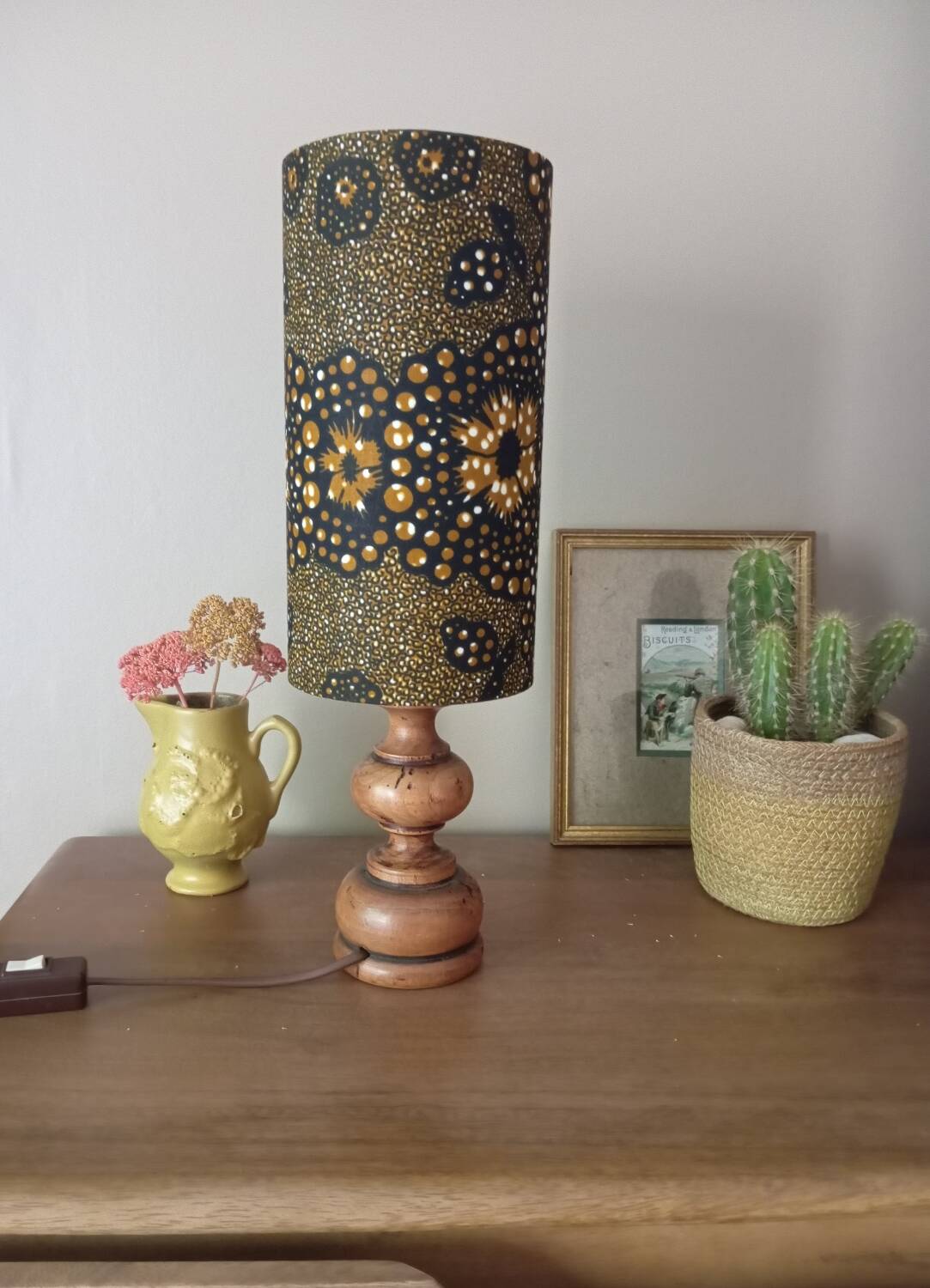 Vintage turned wood table lamp, ethnic chic wax drum lampshade